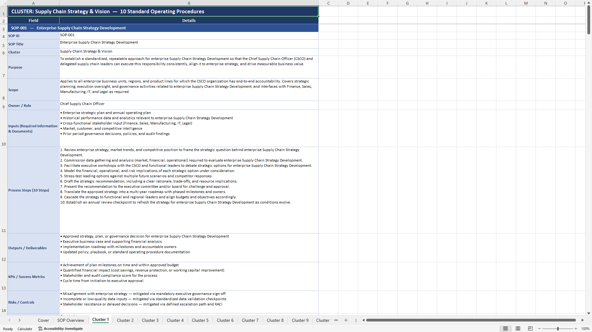 100+ Chief Supply Chain Officer (CSCO) SOPs (Excel template (XLSX)) Preview Image