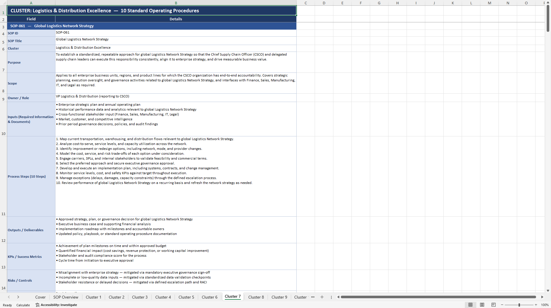 100+ Chief Supply Chain Officer (CSCO) SOPs (Excel template (XLSX)) Preview Image
