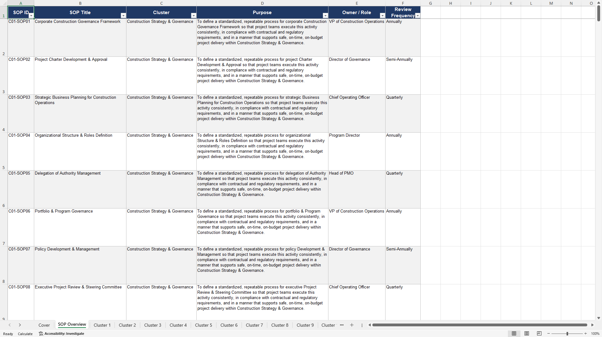 100+ Construction Operations Management SOPs (Excel template (XLSX)) Preview Image