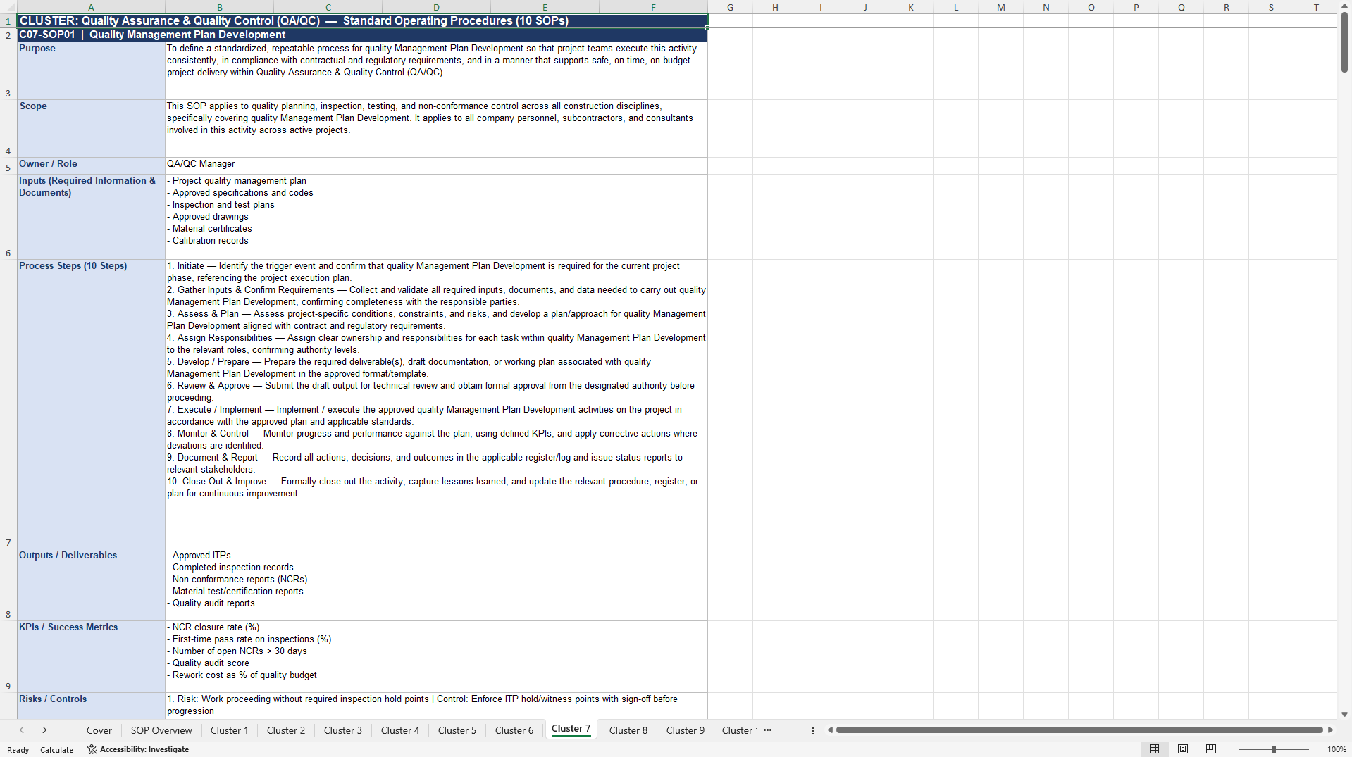 100+ Construction Operations Management SOPs (Excel template (XLSX)) Preview Image