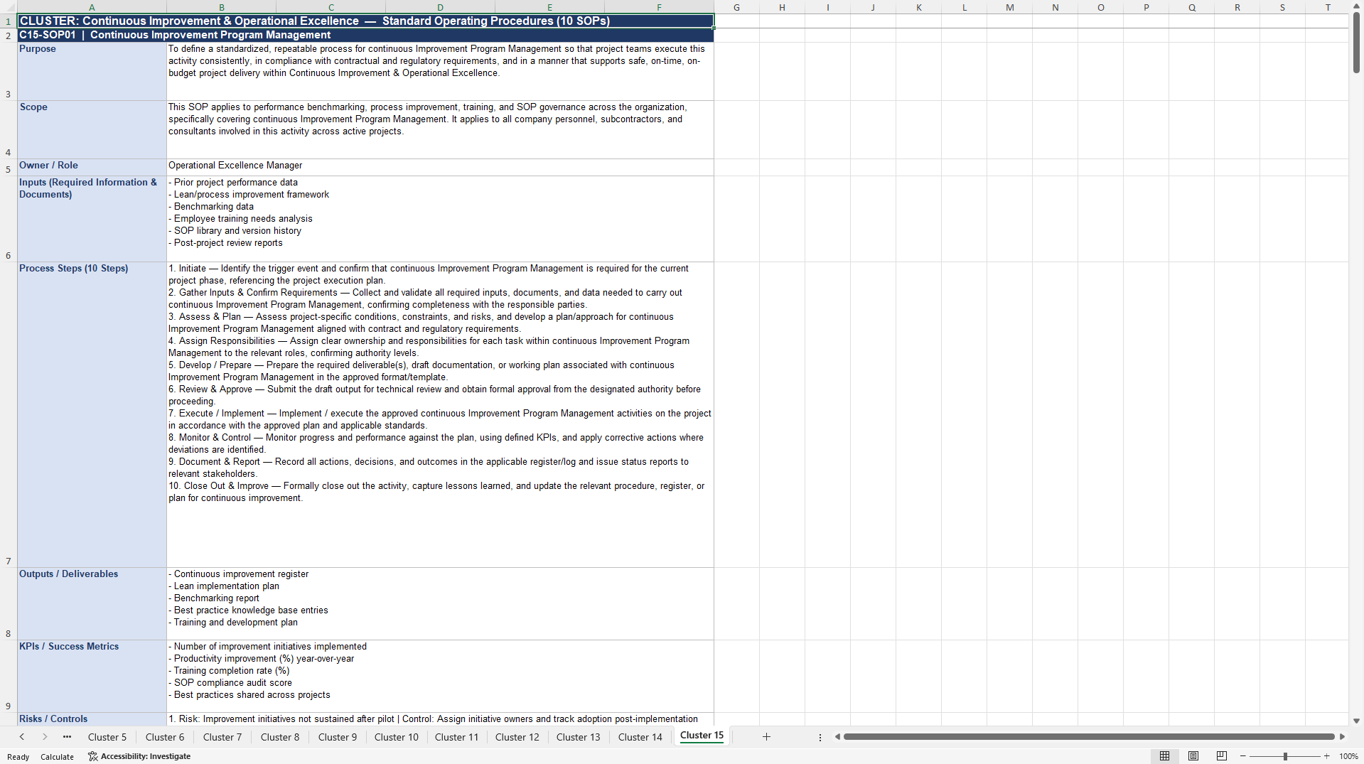 100+ Construction Operations Management SOPs (Excel template (XLSX)) Preview Image