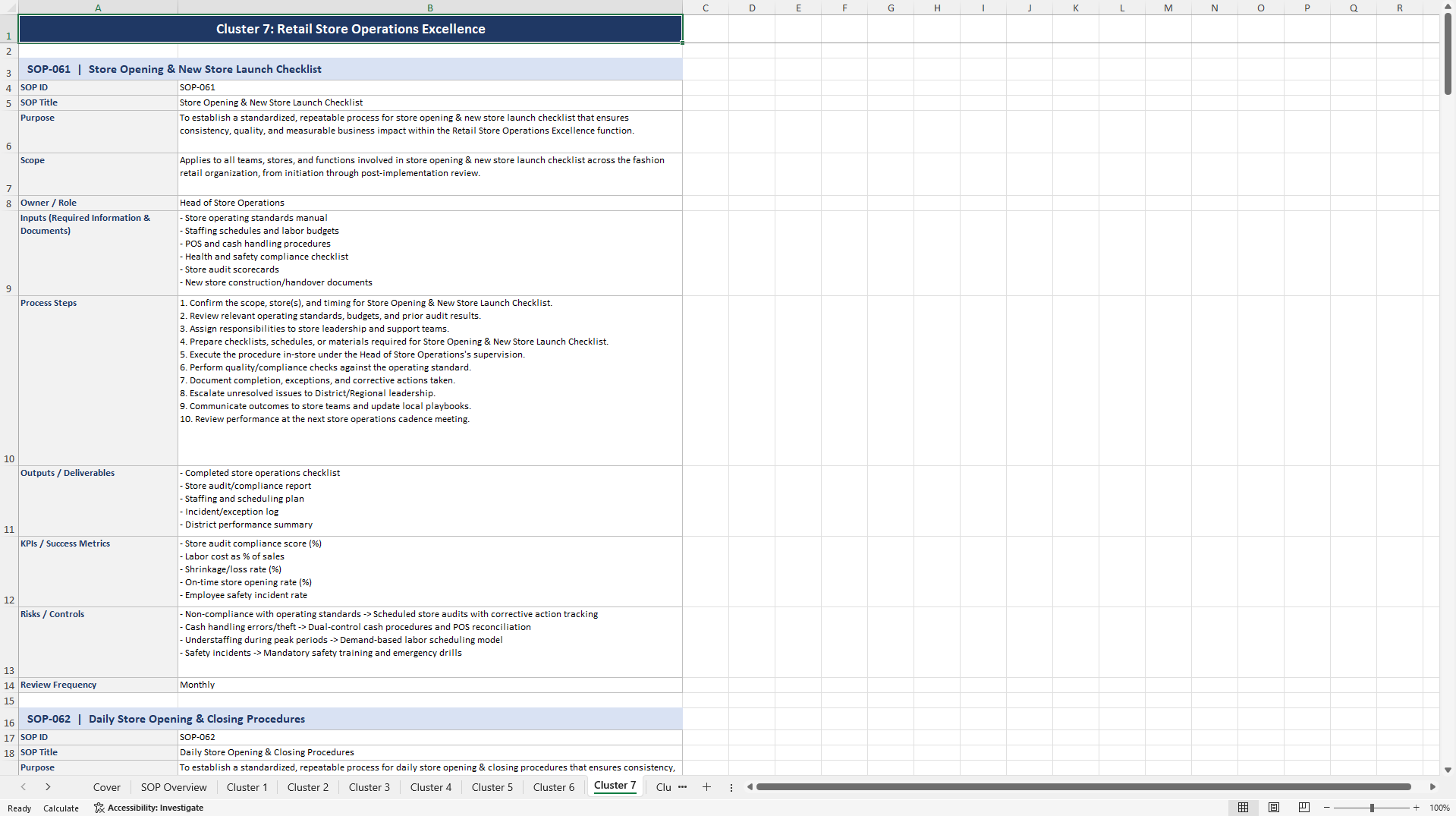 100+ Fashion Retailer SOPs (Excel template (XLSX)) Preview Image