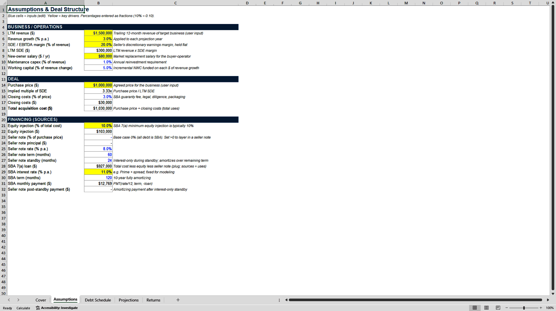 Small Business Acquisition Underwriting Model (SBA 7(a)-Style) (Excel template (XLSX)) Preview Image