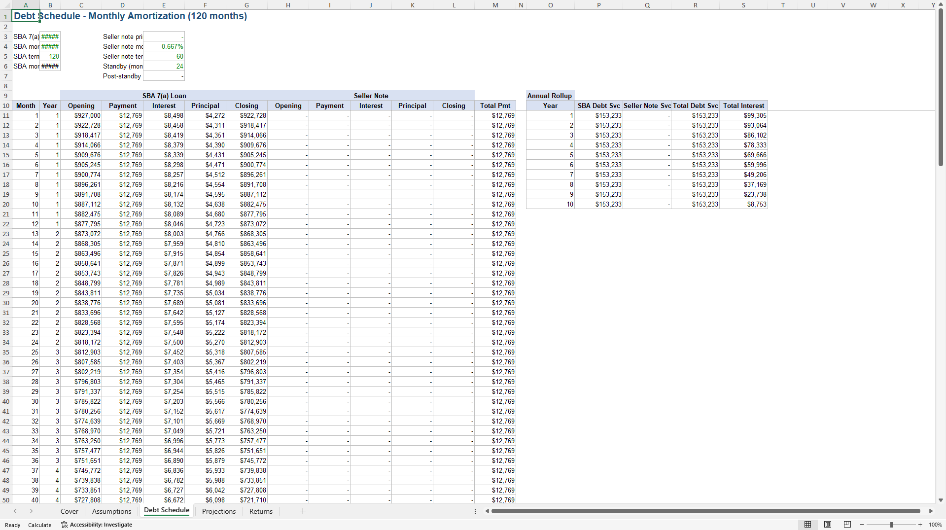 Small Business Acquisition Underwriting Model (SBA 7(a)-Style) (Excel template (XLSX)) Preview Image