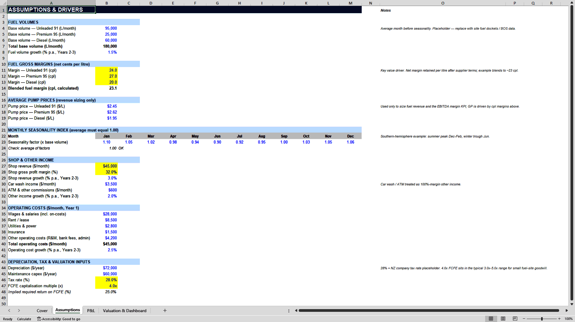 Service Station / Fuel Retail Model - 3-Year P&L, FCFE Valuation & KPI Dashboard (Excel template (XLSX)) Preview Image