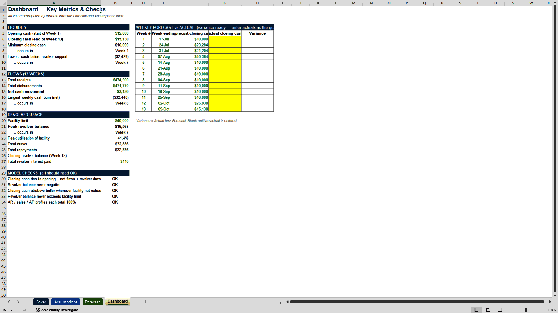 13-Week Rolling Cash Flow Forecast - Turnaround-Grade, with Revolver Mechanics (Excel template (XLSX)) Preview Image