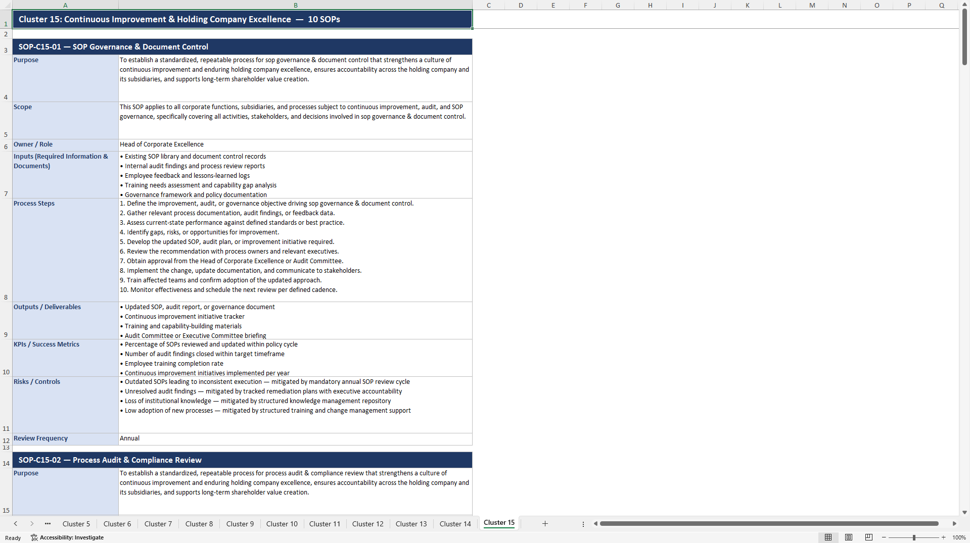 100+ Holding Company SOPs (Excel template (XLSX)) Preview Image