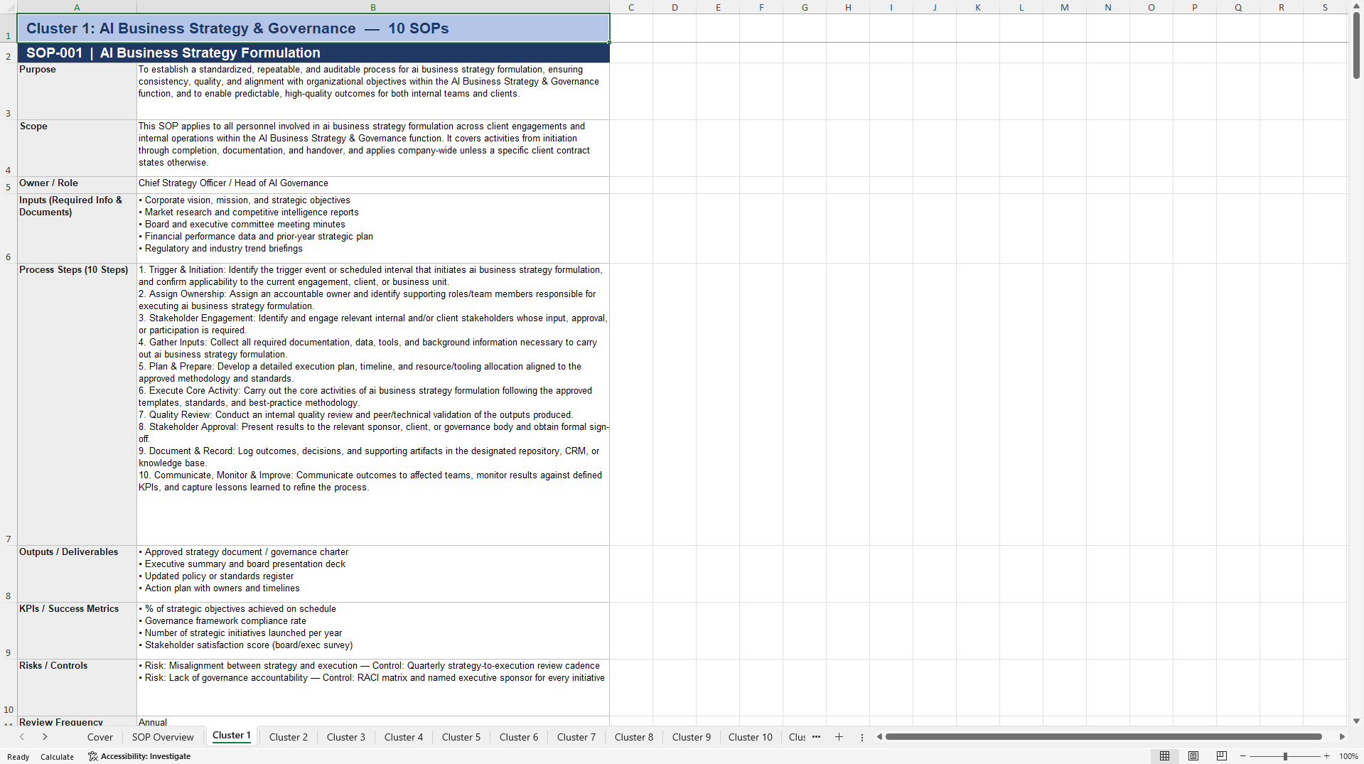 100+ AI Services Business SOPs (Excel template (XLSX)) Preview Image