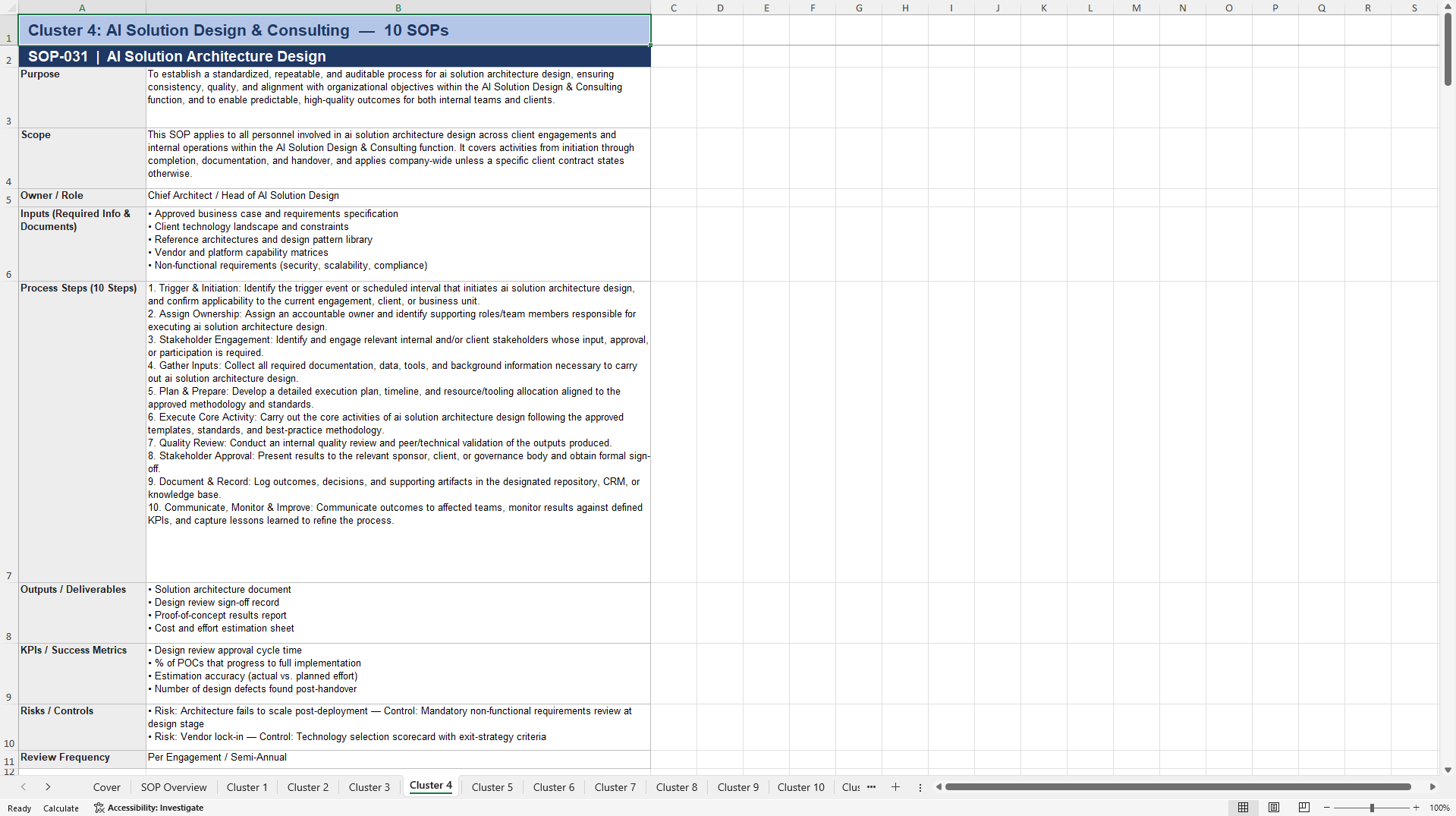 100+ AI Services Business SOPs (Excel template (XLSX)) Preview Image