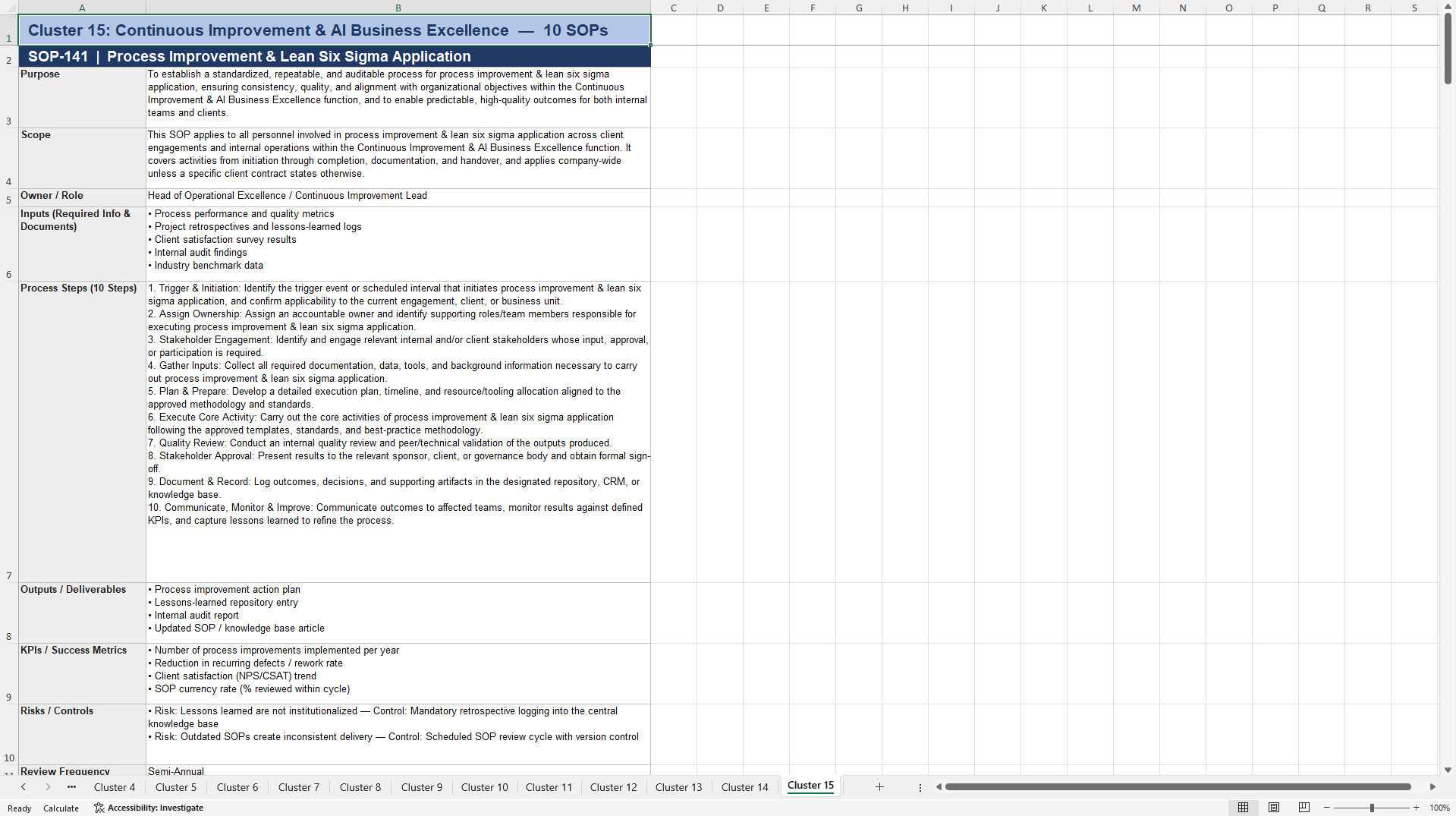 100+ AI Services Business SOPs (Excel template (XLSX)) Preview Image