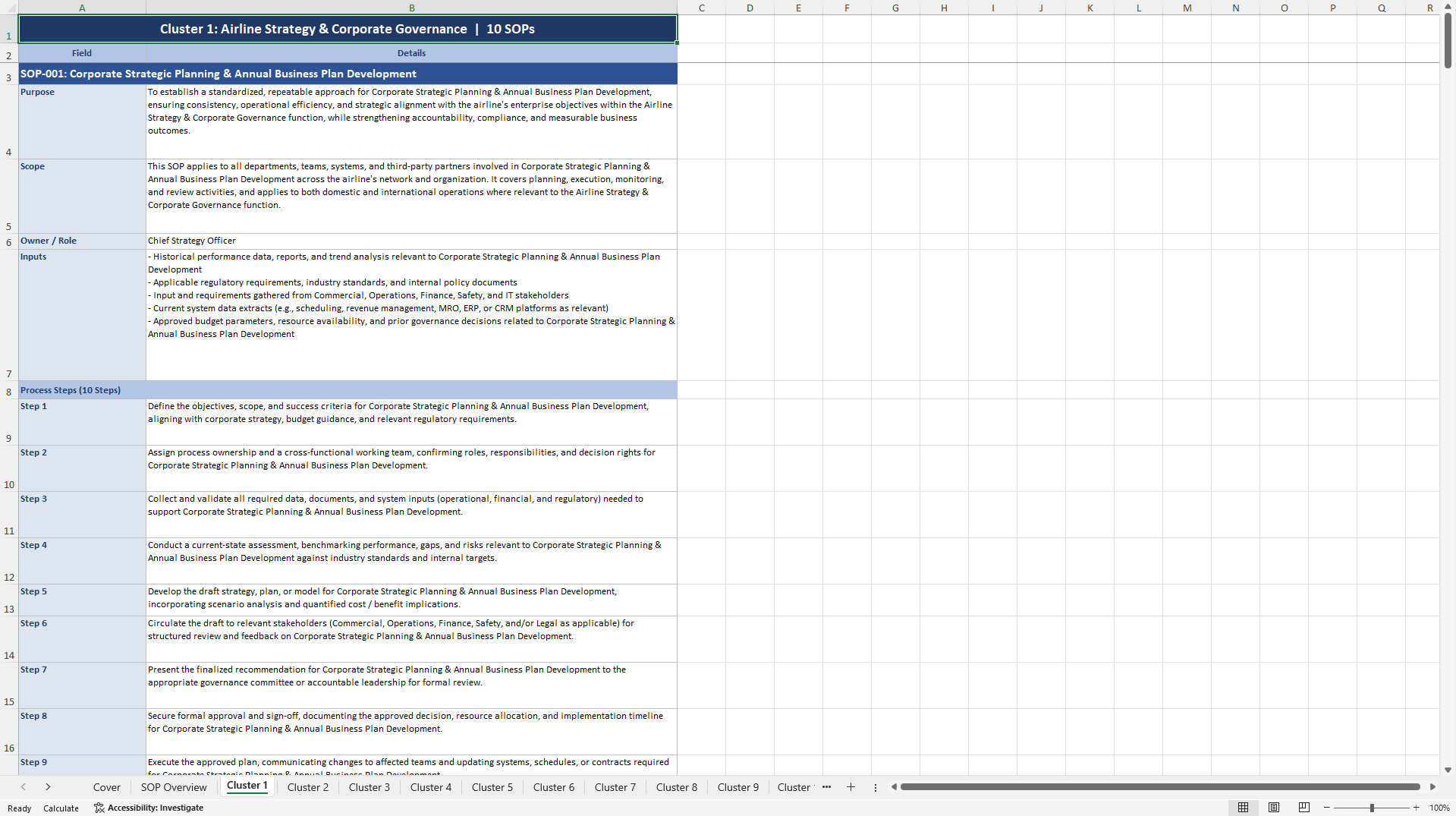 100+ Airline Business Strategic Management SOPs (Excel template (XLSX)) Preview Image