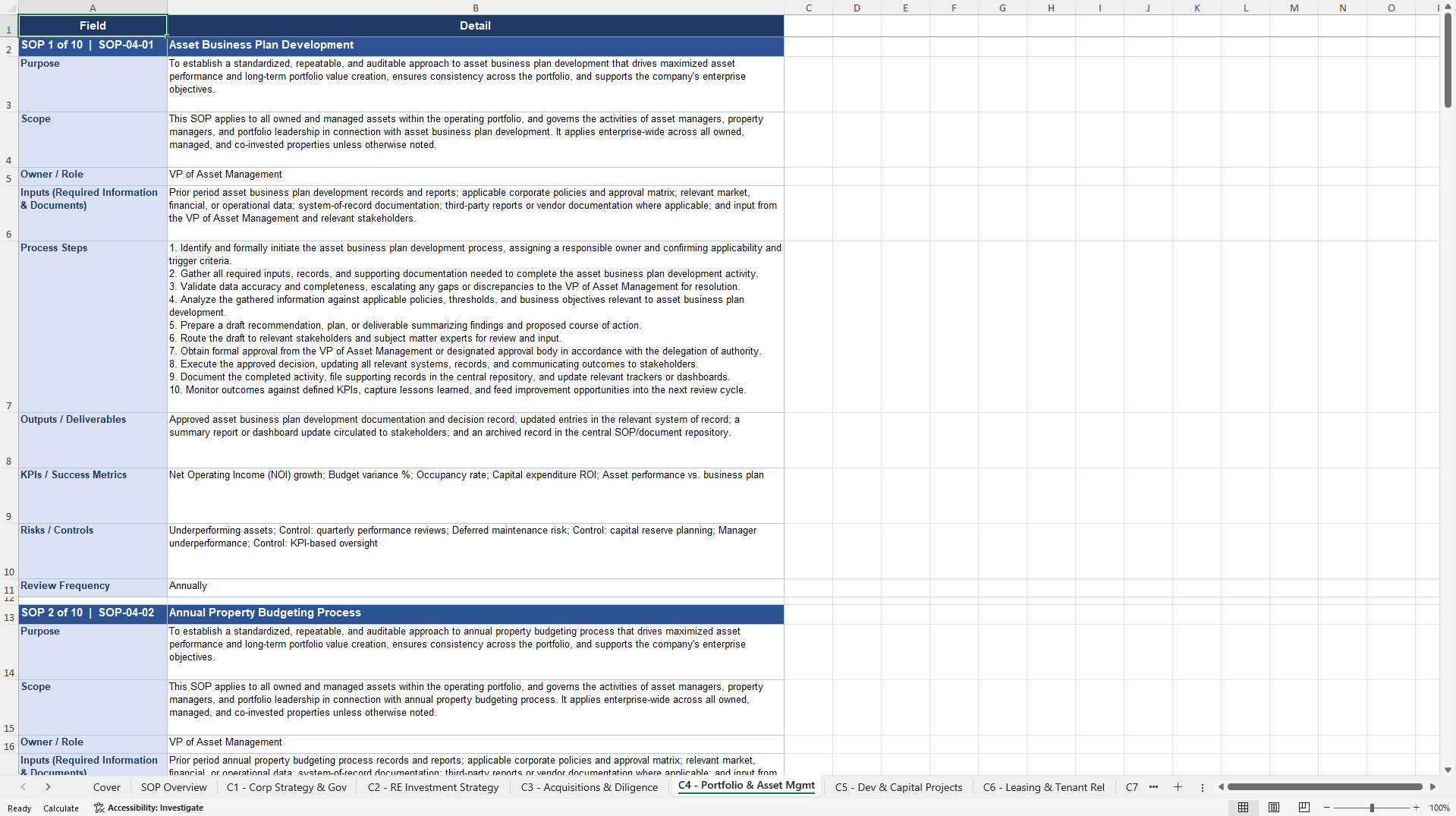 100+ Real Estate Holding Company SOPs (Excel template (XLSX)) Preview Image