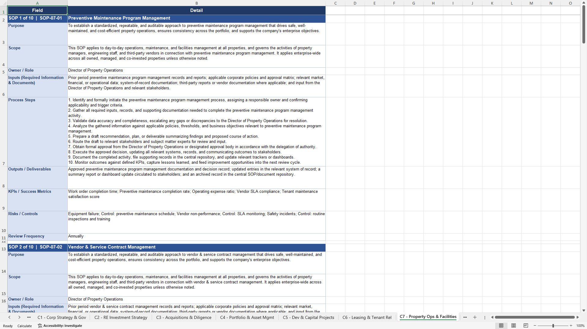 100+ Real Estate Holding Company SOPs (Excel template (XLSX)) Preview Image