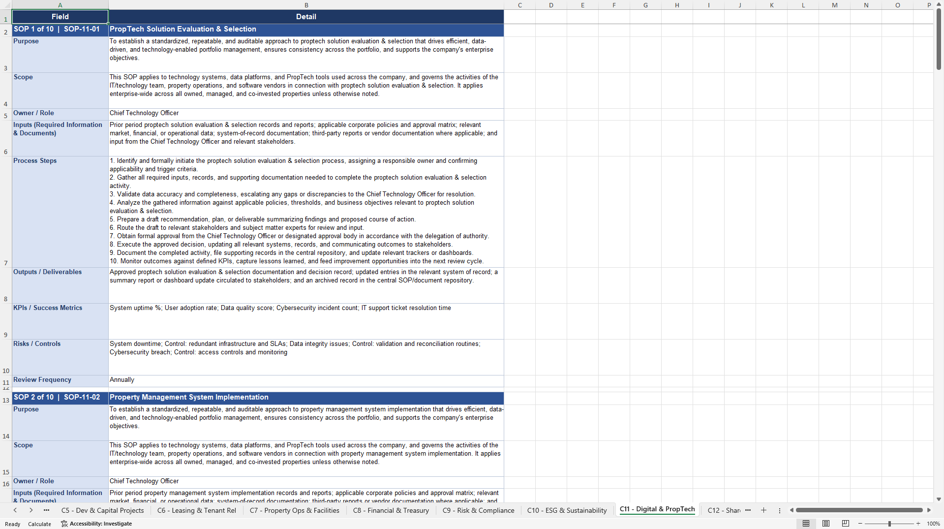 100+ Real Estate Holding Company SOPs (Excel template (XLSX)) Preview Image