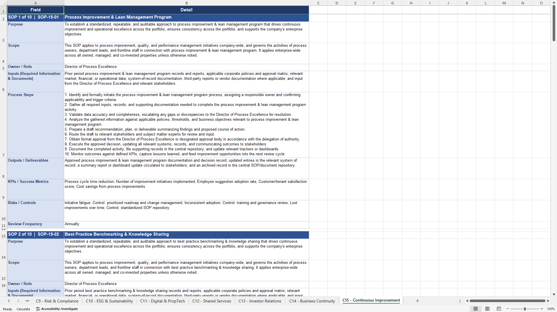 100+ Real Estate Holding Company SOPs (Excel template (XLSX)) Preview Image