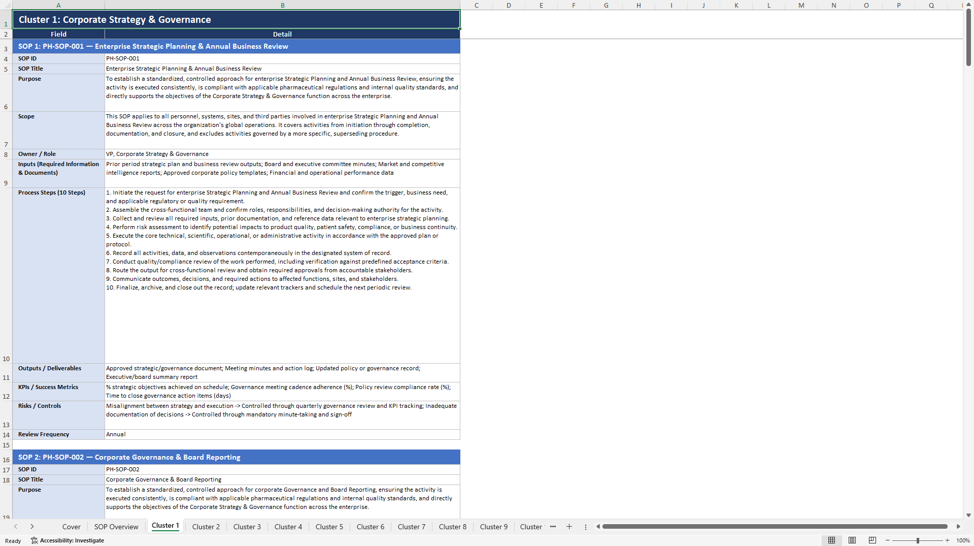 100+ Pharmaceuticals Industry SOPs (Excel template (XLSX)) Preview Image