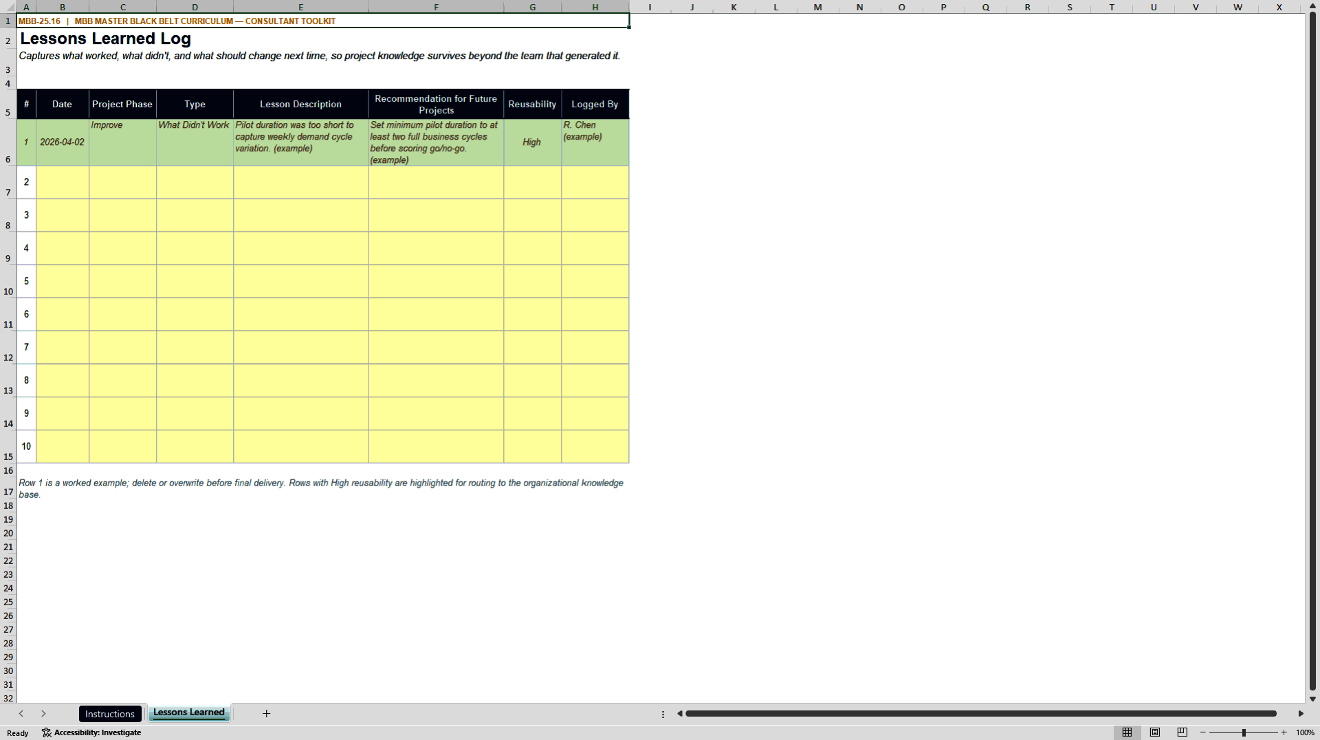 Practical Lessons Learned Log: Continuous Improvement System (Excel template (XLSX)) Preview Image