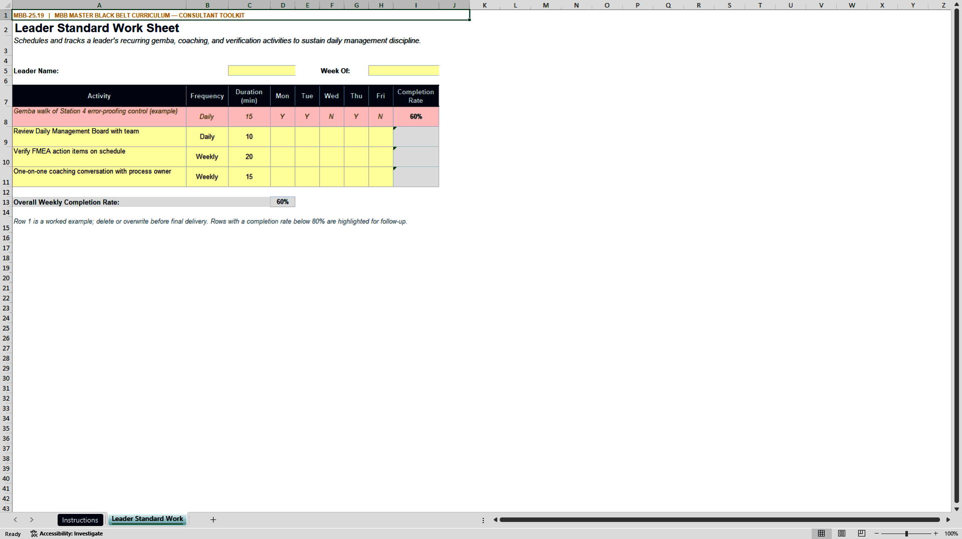 Leader Standard Work Sheet: Visual Performance Template (Excel template (XLSX)) Preview Image