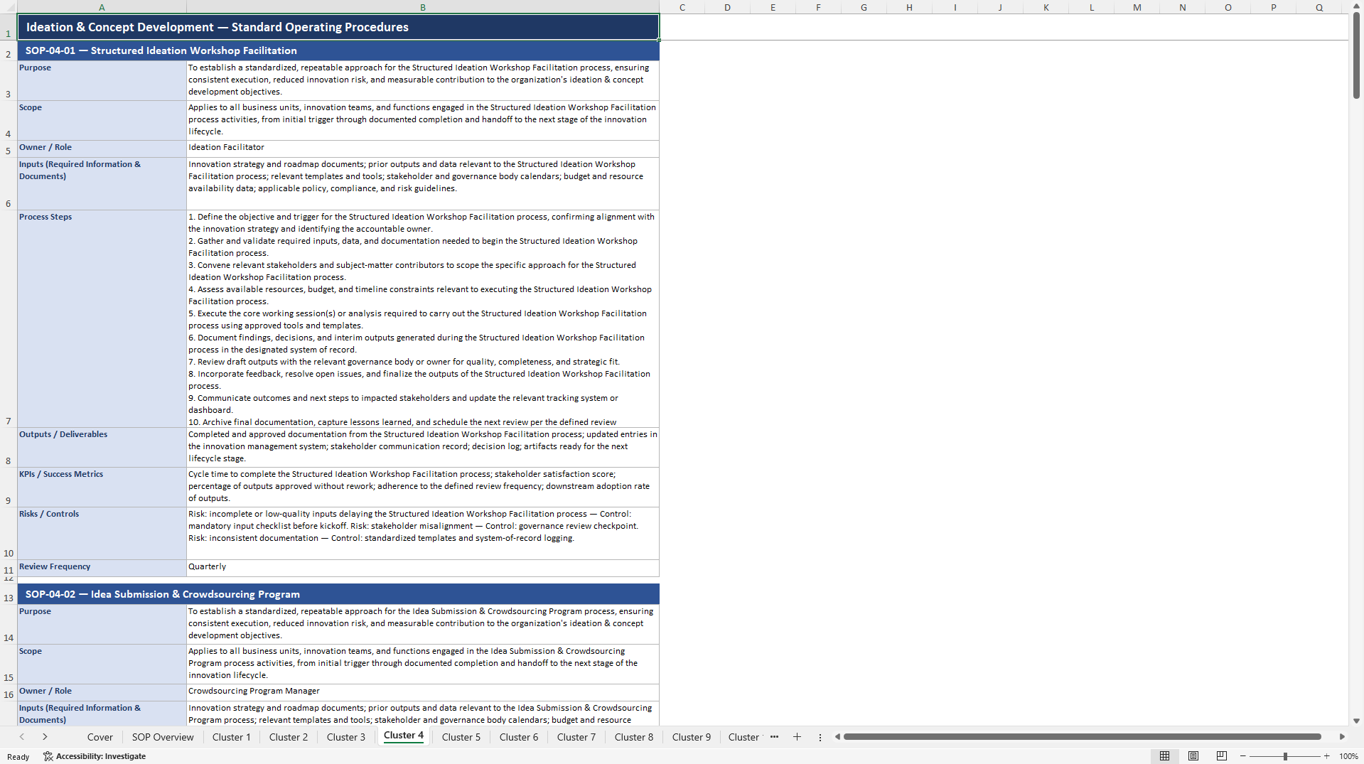 100+ Innovation Strategy & Delivery SOPs (Excel template (XLSX)) Preview Image