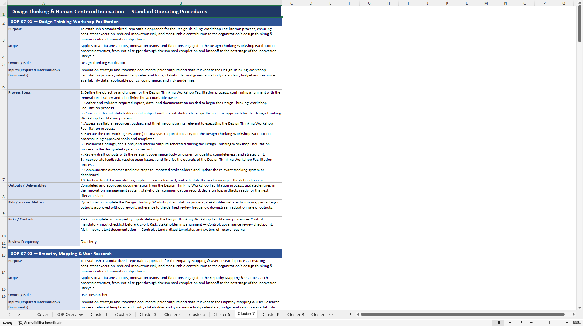 100+ Innovation Strategy & Delivery SOPs (Excel template (XLSX)) Preview Image
