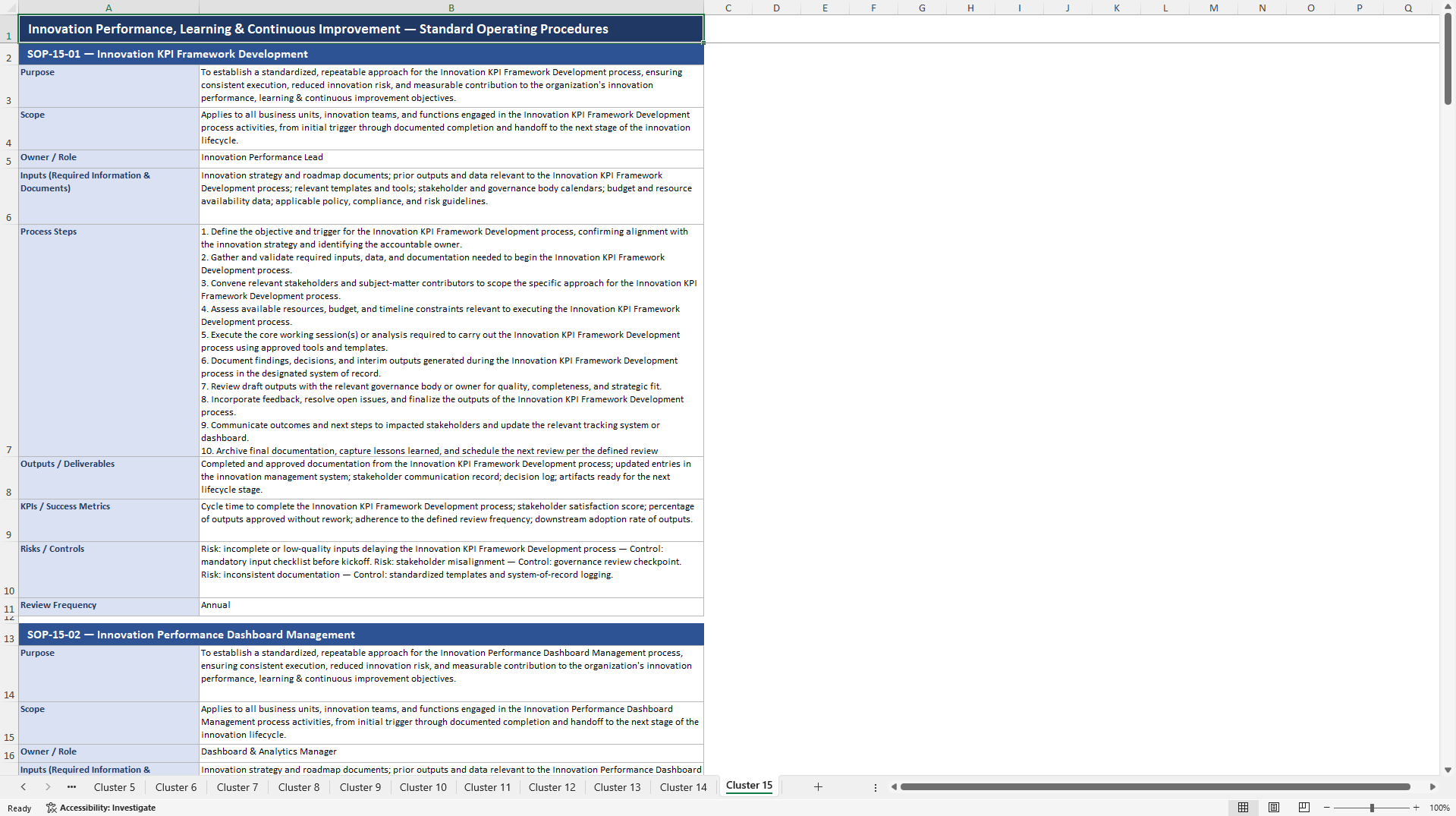 100+ Innovation Strategy & Delivery SOPs (Excel template (XLSX)) Preview Image