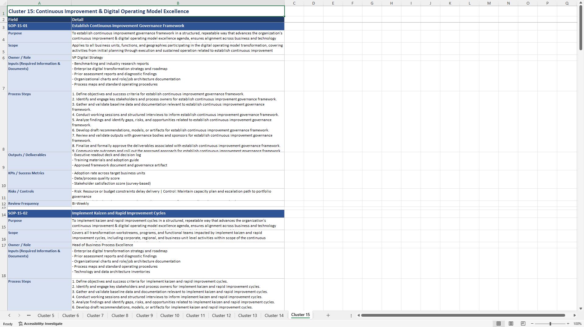 100+ Digital Operating Model Transformation SOPs (Excel template (XLSX)) Preview Image