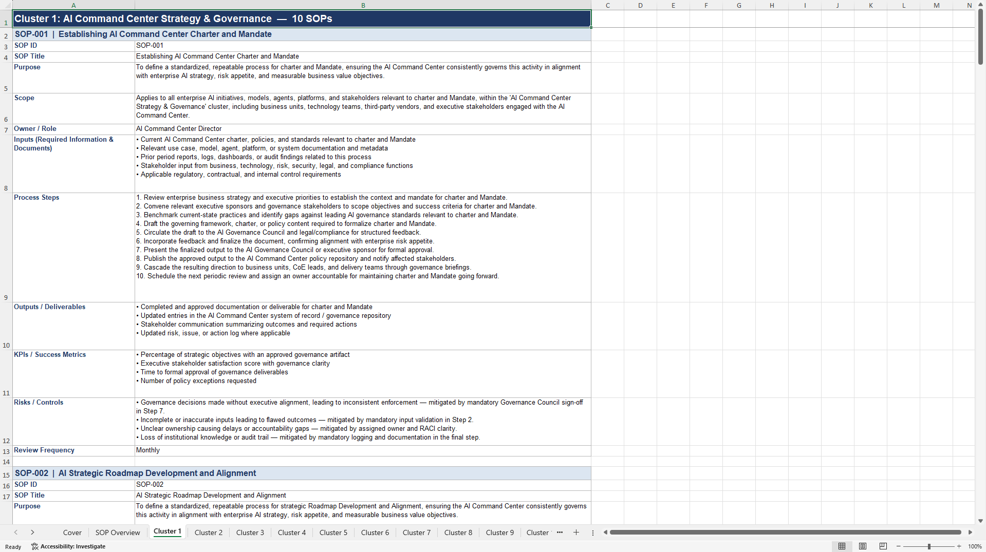 100+ AI Command Center SOPs (Excel template (XLSX)) Preview Image