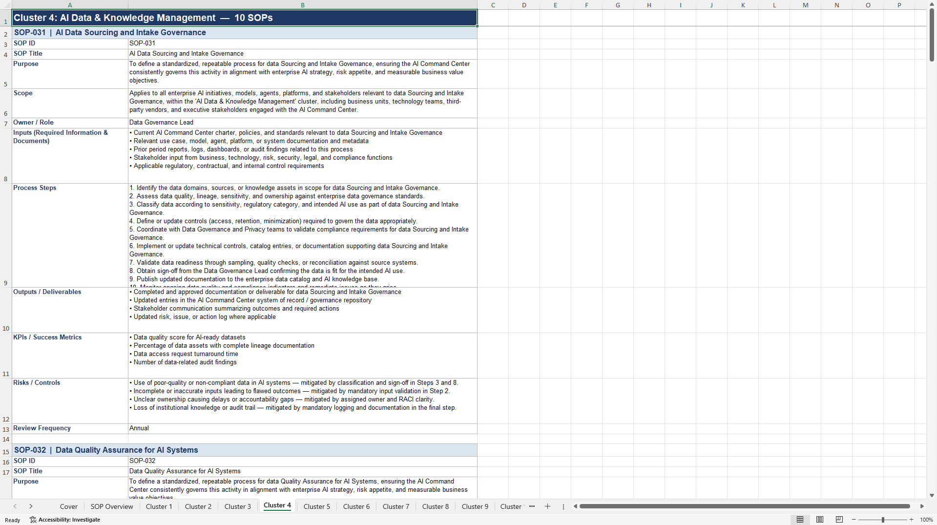 100+ AI Command Center SOPs (Excel template (XLSX)) Preview Image