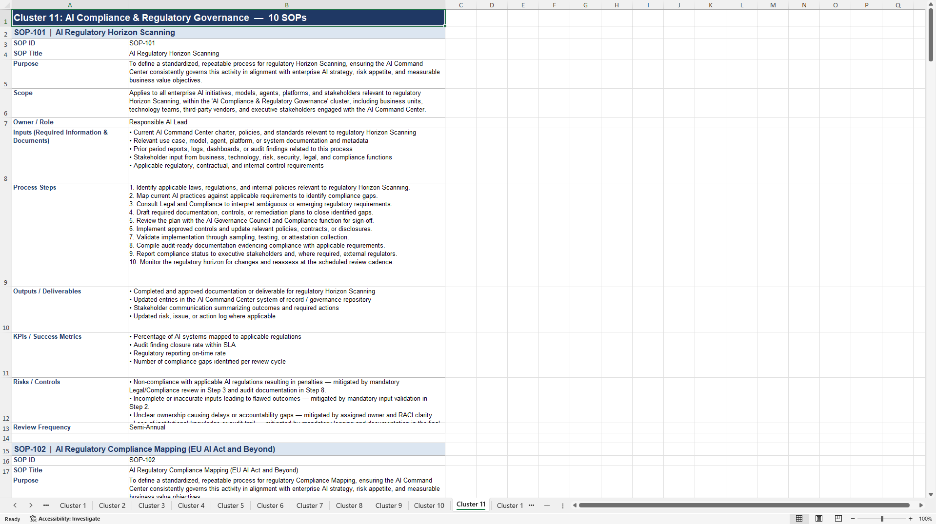 100+ AI Command Center SOPs (Excel template (XLSX)) Preview Image