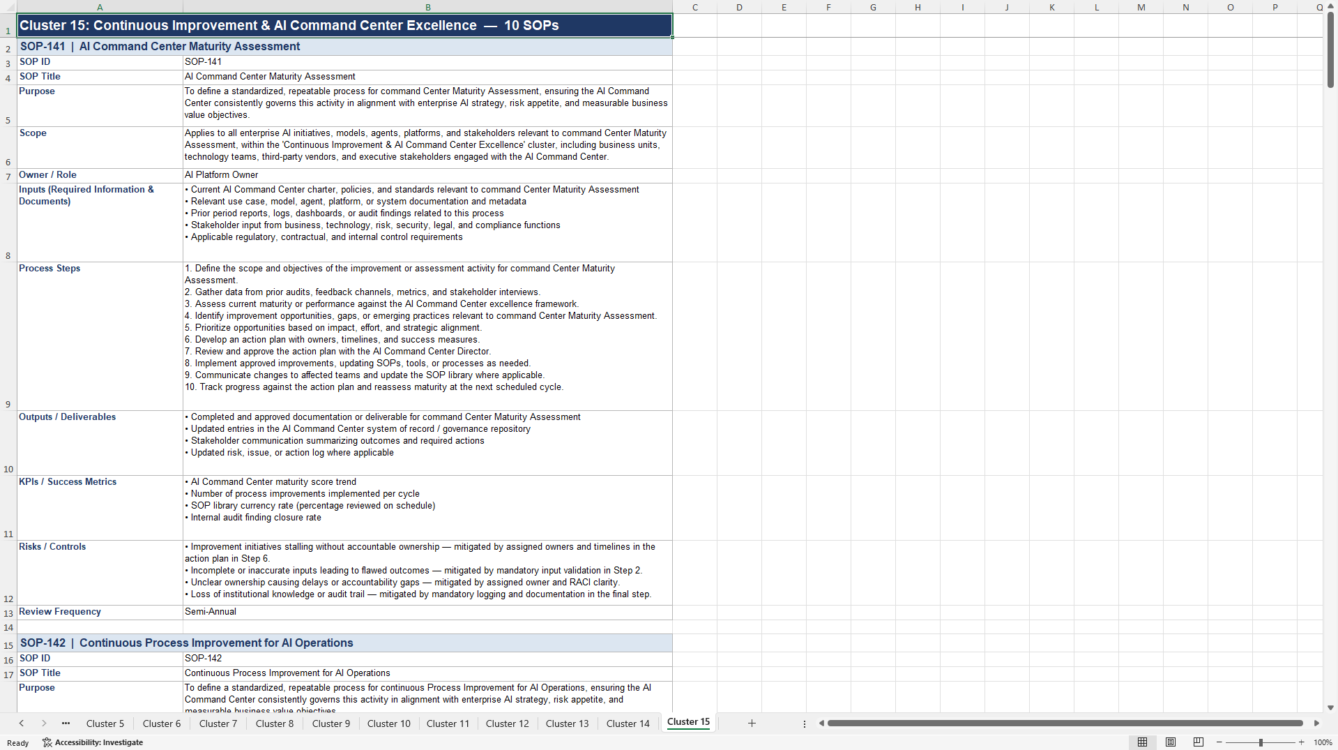 100+ AI Command Center SOPs (Excel template (XLSX)) Preview Image