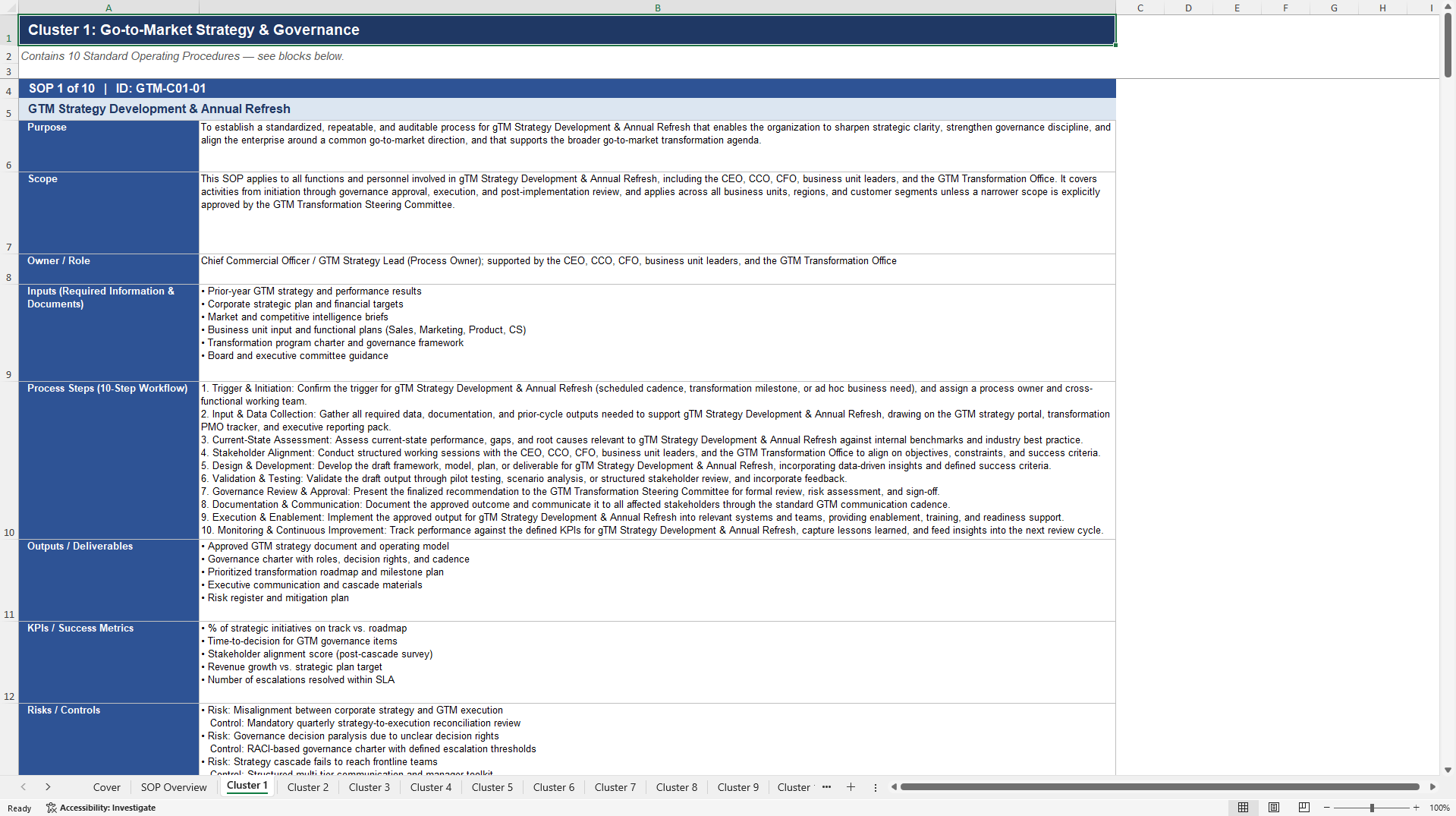 100+ Go-to-Market (GTM) Transformation SOPs (Excel template (XLSX)) Preview Image