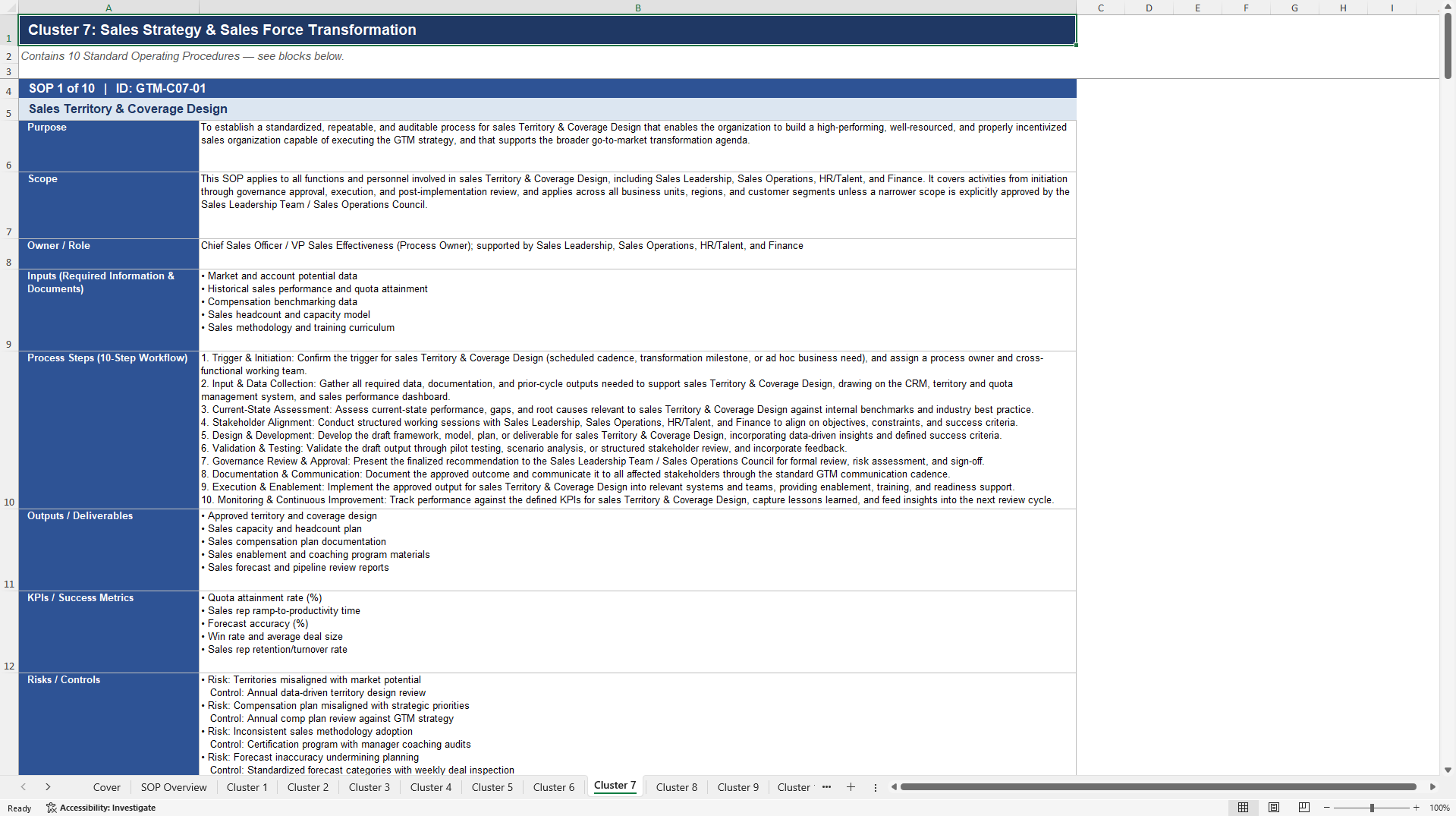 100+ Go-to-Market (GTM) Transformation SOPs (Excel template (XLSX)) Preview Image