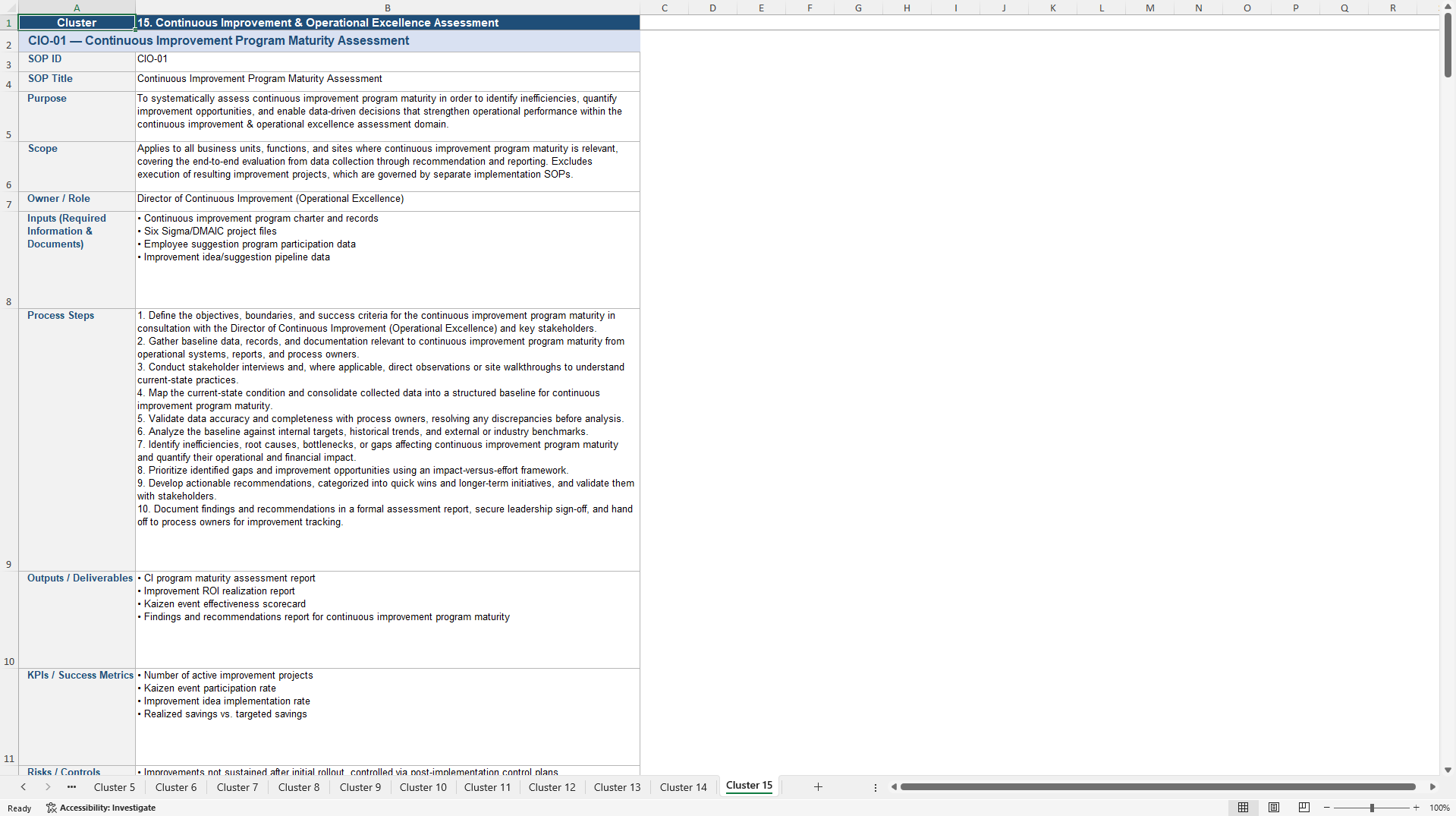 100+ Operational Efficiency Assessment SOPs (Excel template (XLSX)) Preview Image