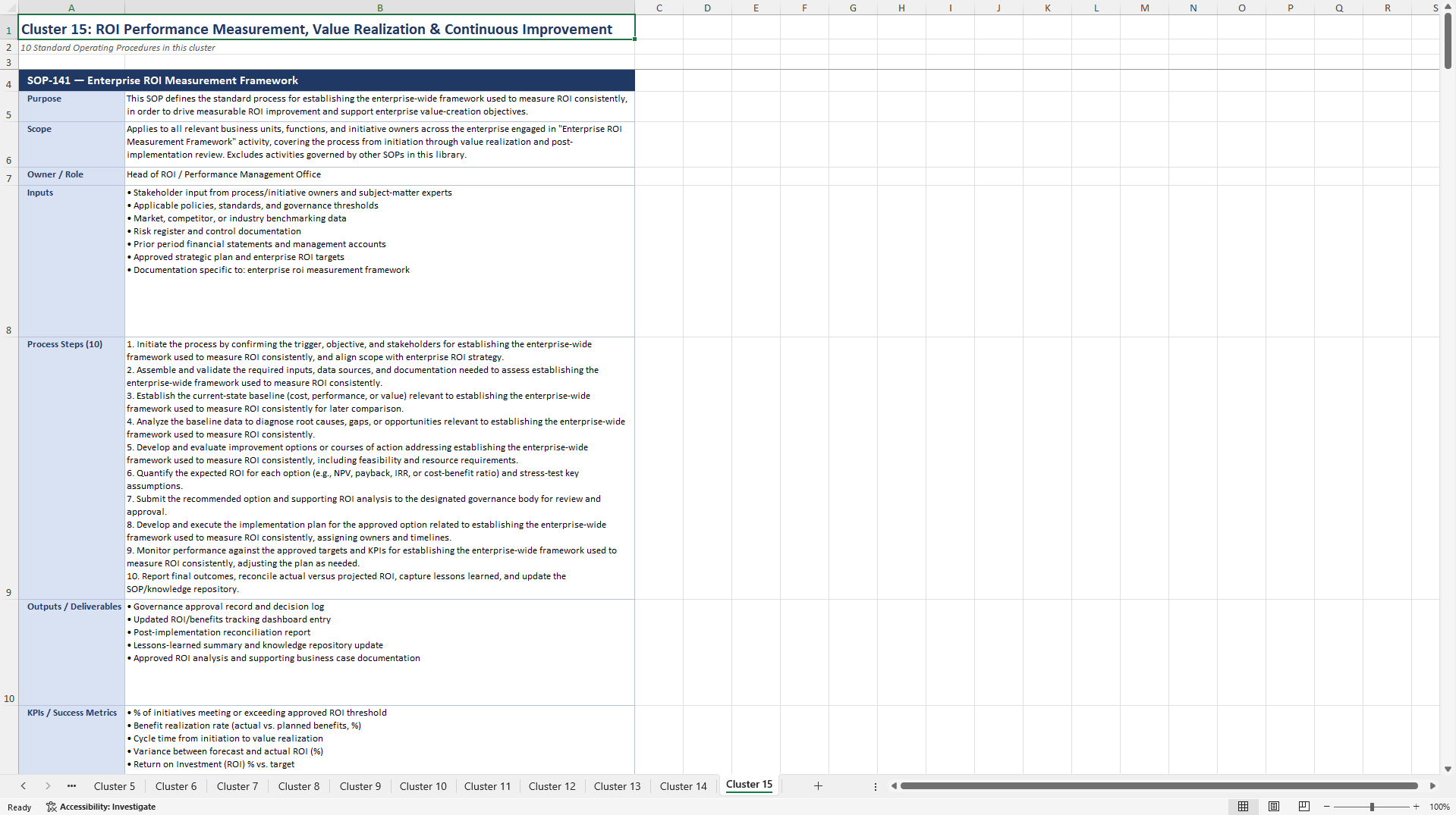 100+ Return on Investment (ROI) Enhancement SOPs (Excel template (XLSX)) Preview Image
