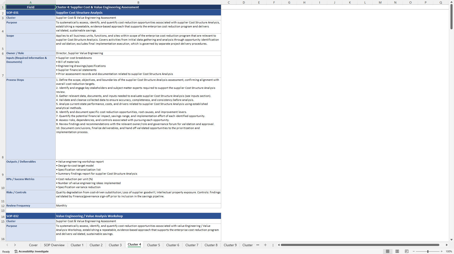 100+ Cost Reduction Opportunity Assessment SOPs (Excel template (XLSX)) Preview Image