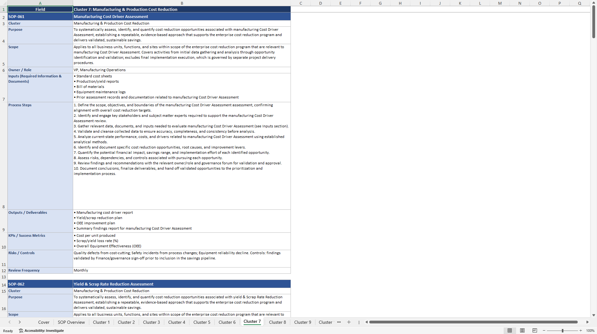 100+ Cost Reduction Opportunity Assessment SOPs (Excel template (XLSX)) Preview Image