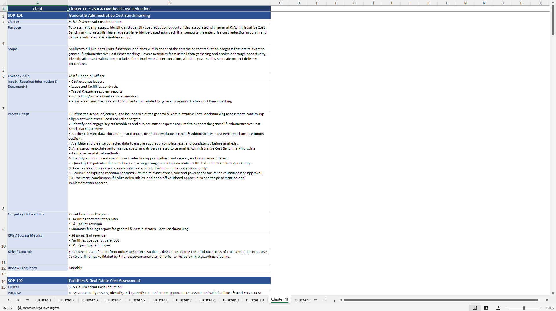 100+ Cost Reduction Opportunity Assessment SOPs (Excel template (XLSX)) Preview Image