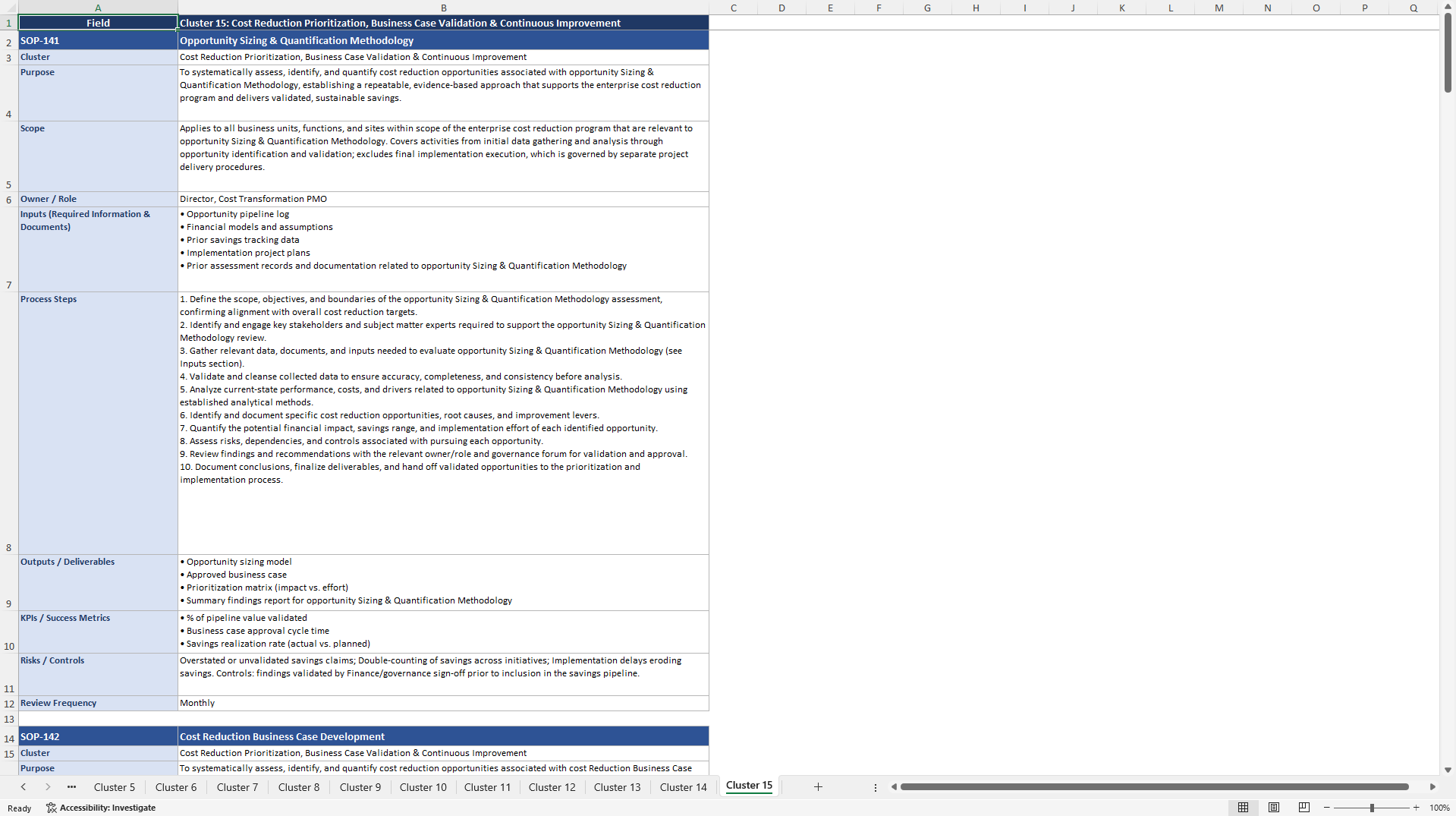 100+ Cost Reduction Opportunity Assessment SOPs (Excel template (XLSX)) Preview Image