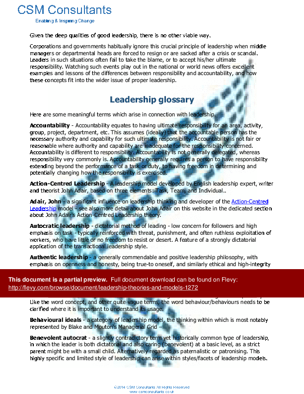 This is a partial preview of Leadership Theories & Models (73-page Word document). Full document is 73 pages. 