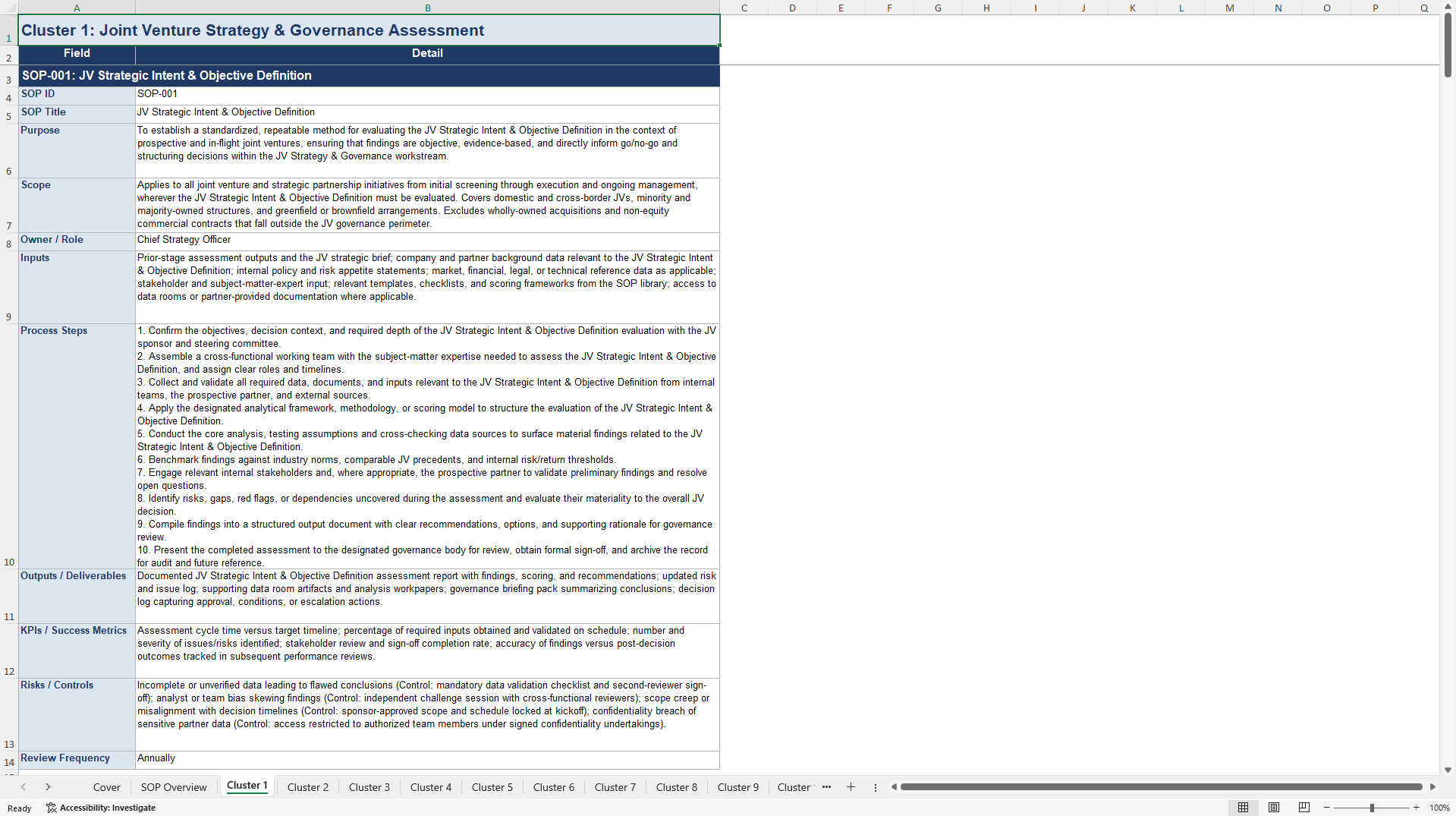 100+ Joint Venture Strategy Assessment SOPs (Excel template (XLSX)) Preview Image