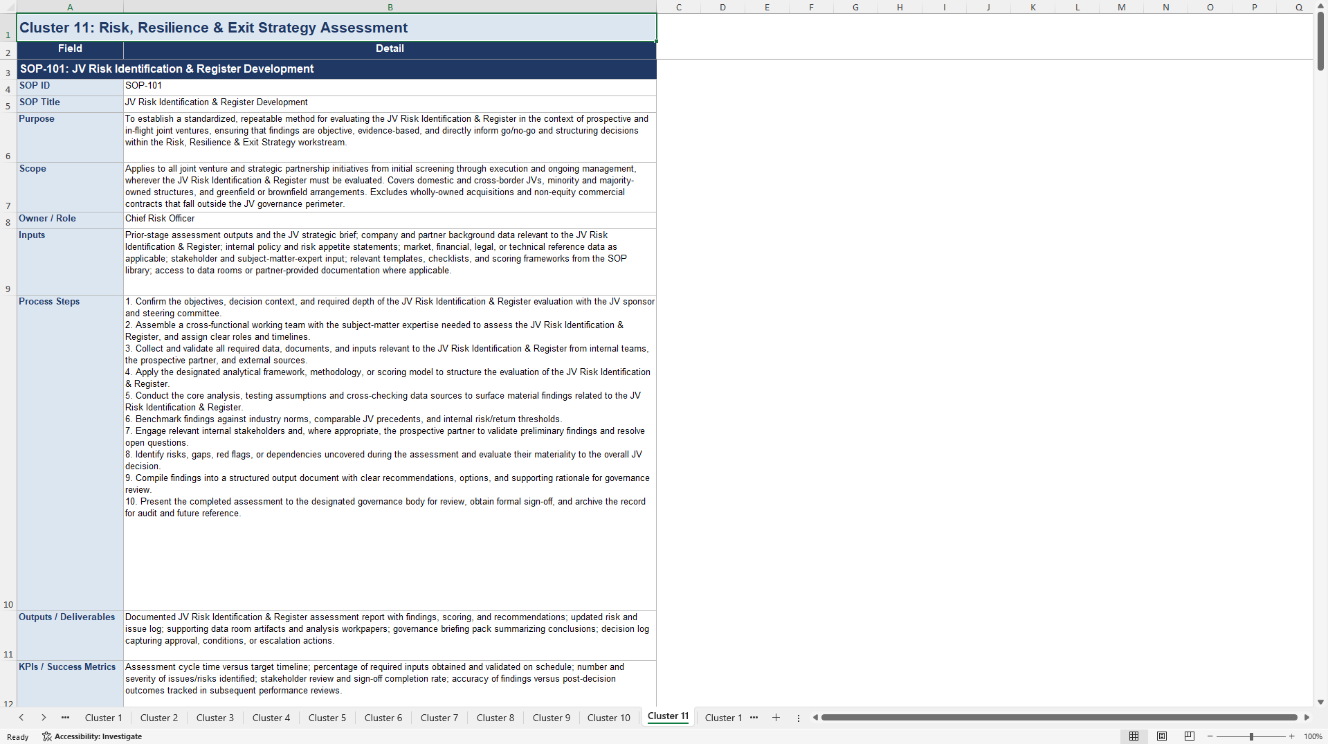 100+ Joint Venture Strategy Assessment SOPs (Excel template (XLSX)) Preview Image