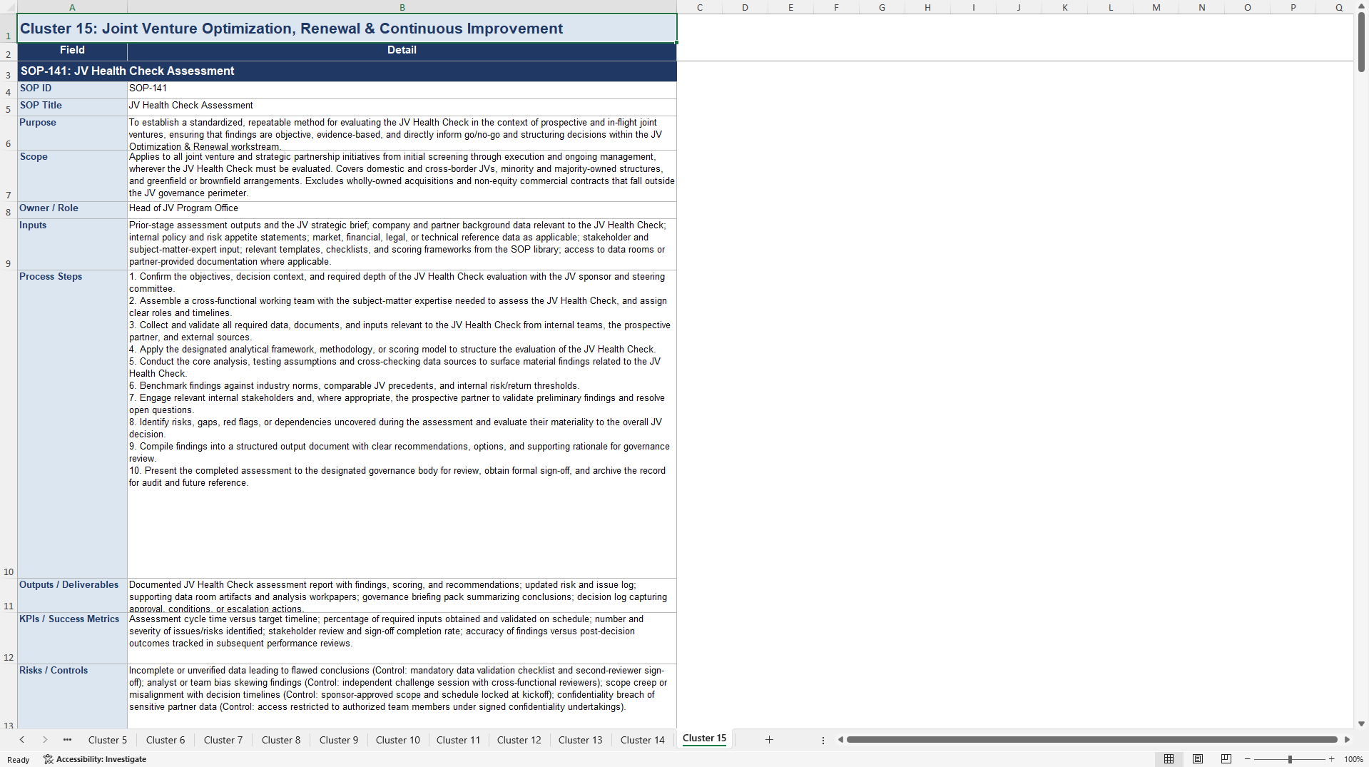100+ Joint Venture Strategy Assessment SOPs (Excel template (XLSX)) Preview Image