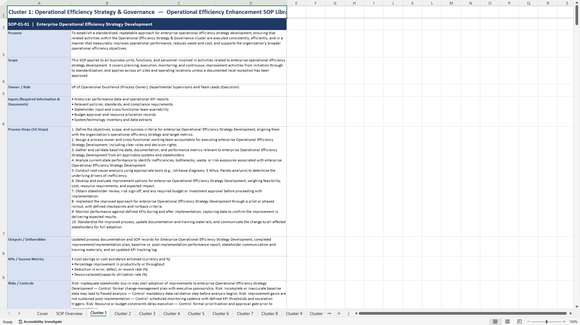 100+ Operational Efficiency Enhancement SOPs (Excel template (XLSX)) Preview Image