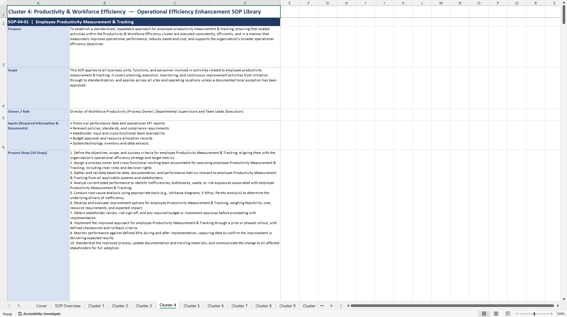 100+ Operational Efficiency Enhancement SOPs (Excel template (XLSX)) Preview Image