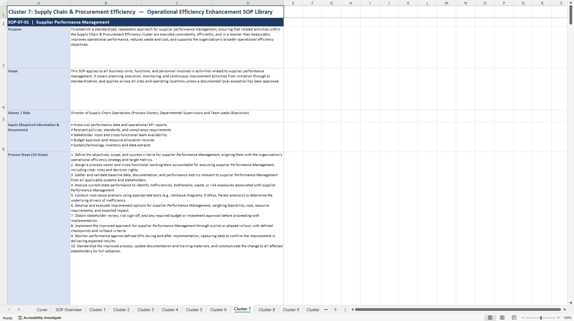 100+ Operational Efficiency Enhancement SOPs (Excel template (XLSX)) Preview Image