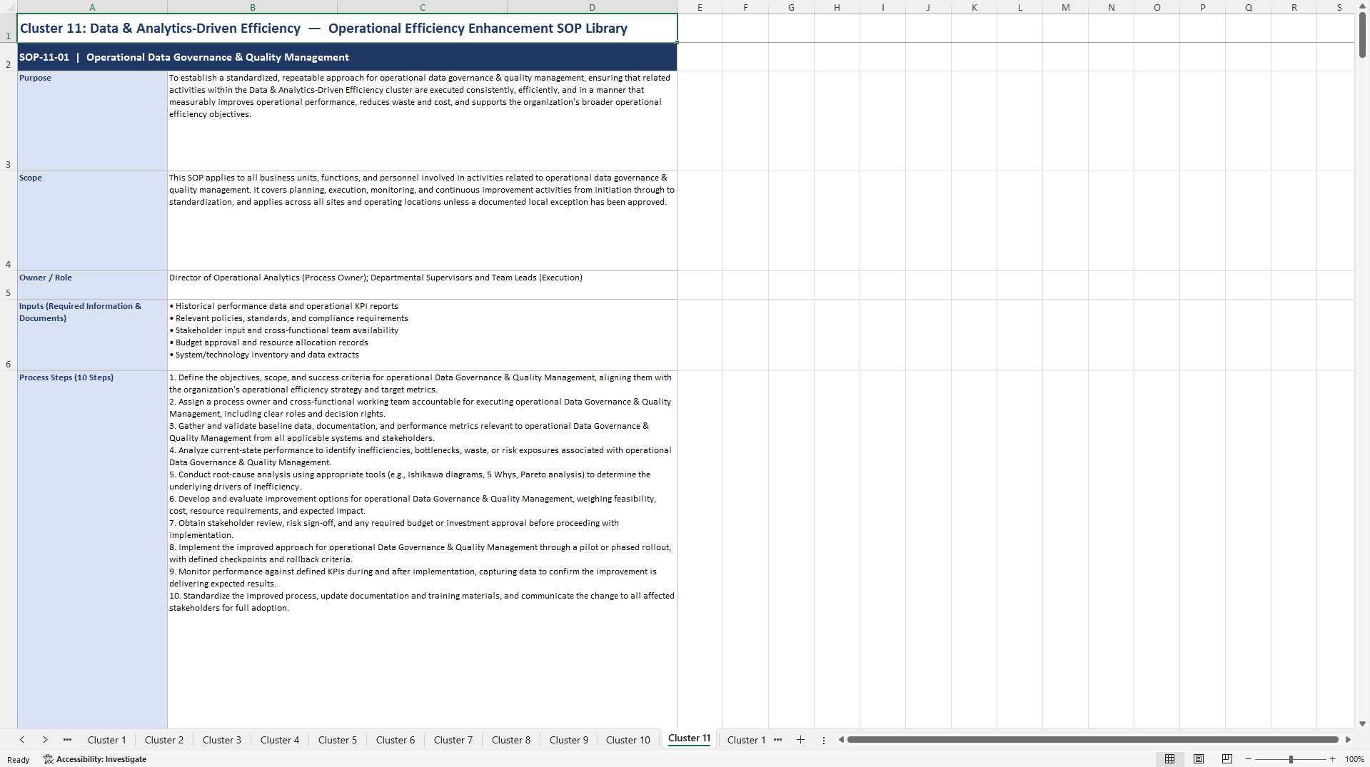 100+ Operational Efficiency Enhancement SOPs (Excel template (XLSX)) Preview Image