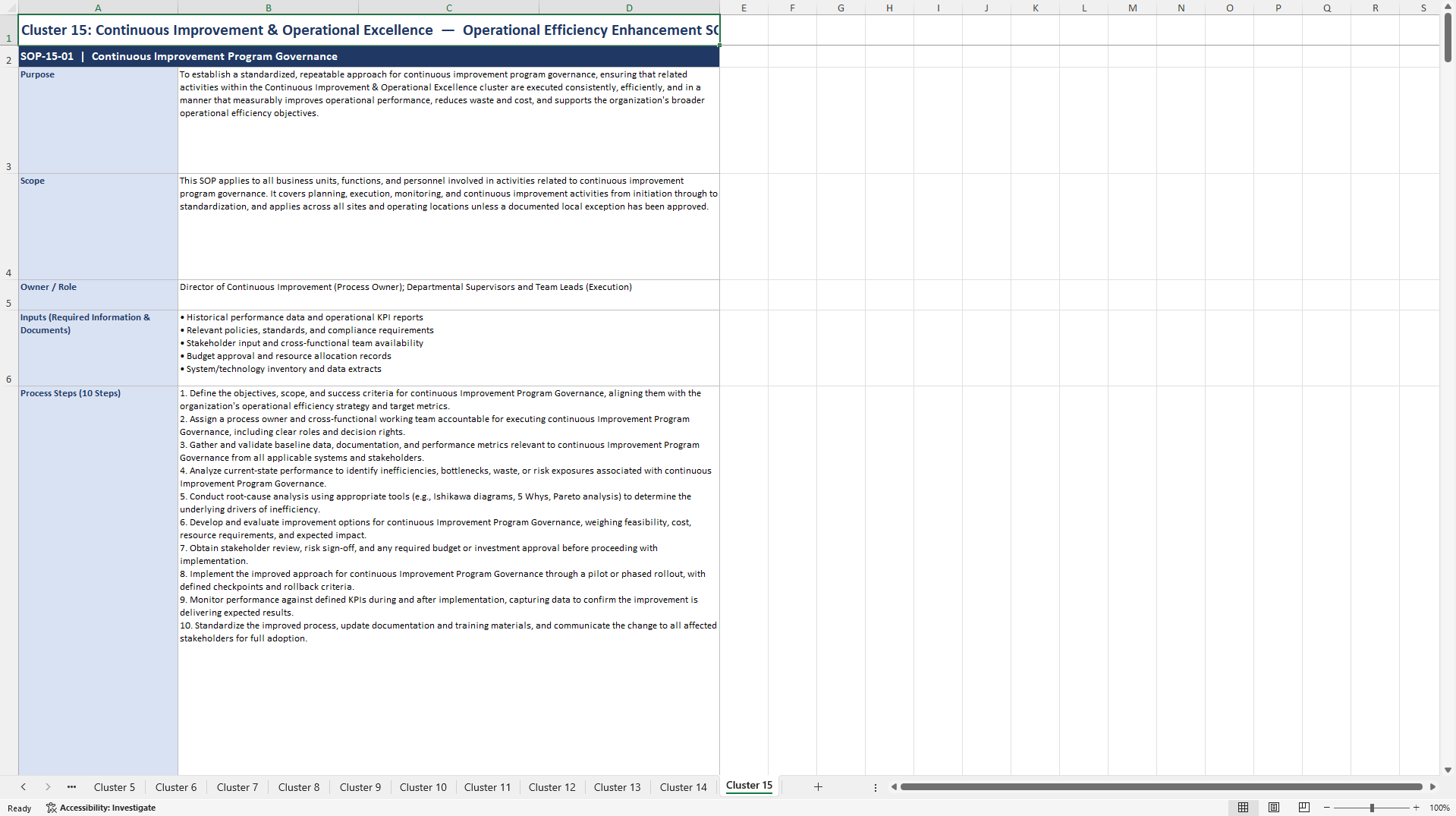 100+ Operational Efficiency Enhancement SOPs (Excel template (XLSX)) Preview Image