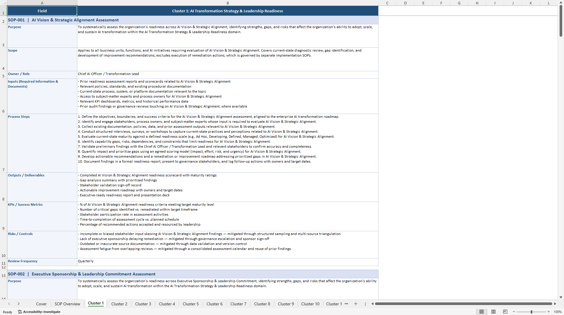100+ AI Transformation Readiness Assessment SOPs (Excel template (XLSX)) Preview Image