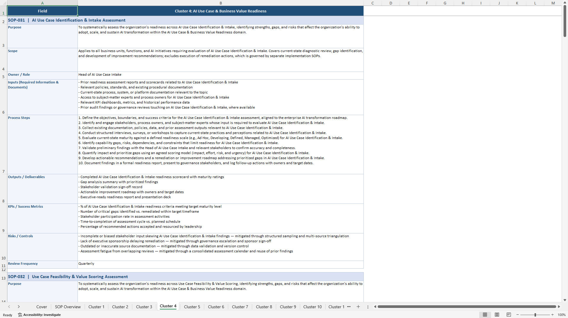 100+ AI Transformation Readiness Assessment SOPs (Excel template (XLSX)) Preview Image