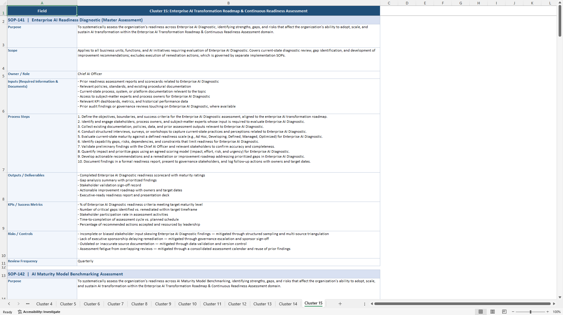 100+ AI Transformation Readiness Assessment SOPs (Excel template (XLSX)) Preview Image